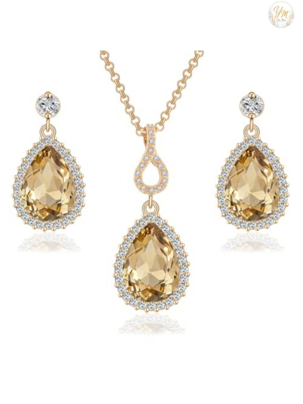 Austrian Crystal Teardrop Necklace Earrings Set 14K Gold Plated Women's Jewelry